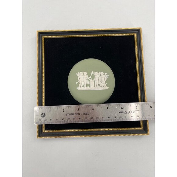 Wedgwood Green Jasperware Framed Dancing Hours Plaque  2 Cherubs Putti Plaques - Picture 3 of 16